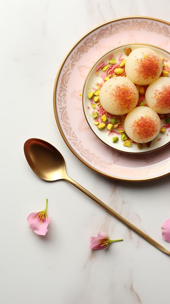 Foto gulab jamun dessert mit rosenblättern pistazienbrüchen pink eine indische kulinarische kultur layout website