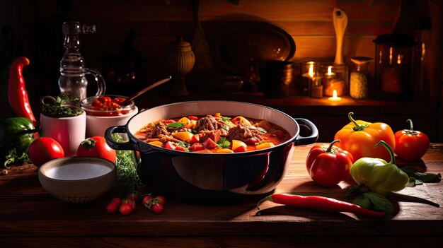 Gulasch, eine Suppe oder ein Eintopf aus Fleisch und Gemüse, gewürzt mit Paprika