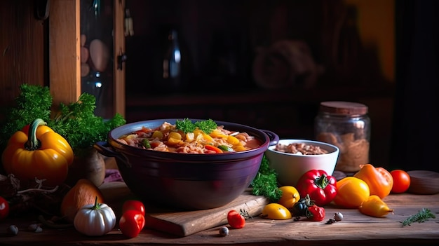 Gulasch, eine Suppe oder ein Eintopf aus Fleisch und Gemüse, gewürzt mit Paprika