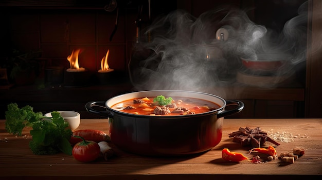 Gulasch, eine Suppe oder ein Eintopf aus Fleisch und Gemüse, gewürzt mit Paprika