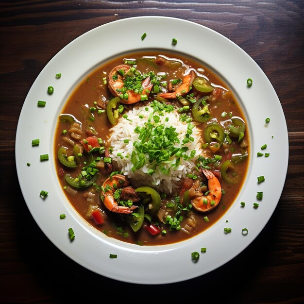 Foto gumbo estofado con carne, mariscos y verduras de la santa trinidad