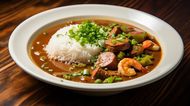 Gumbo estofado con carne, mariscos y verduras de la Santa Trinidad