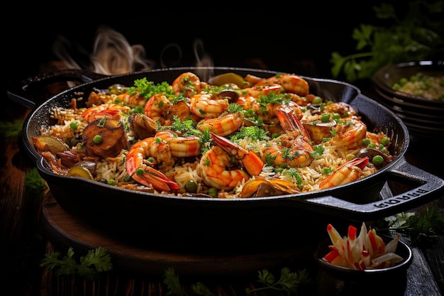 Gumbo de mariscos en una olla de hierro fundido