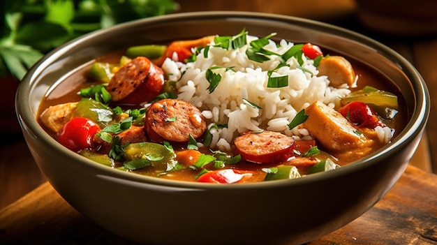 Gumbo Um ensopado grosso feito com linguiça de frango e legumes