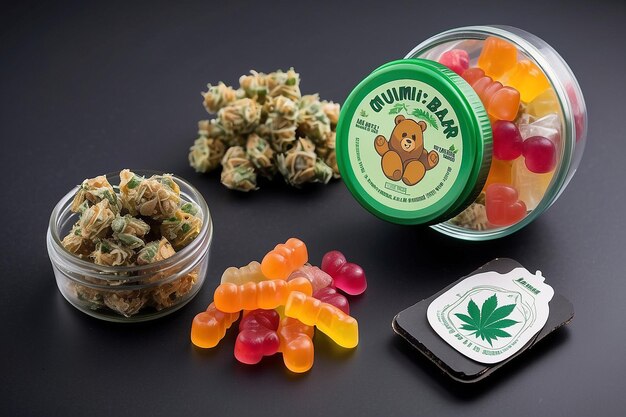 Foto gummi bear edibles marijuana in jar and rolling paper and electronic cigarette