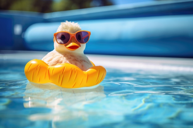 Gummiente mit Sonnenbrille auf einem Schwimmbecken