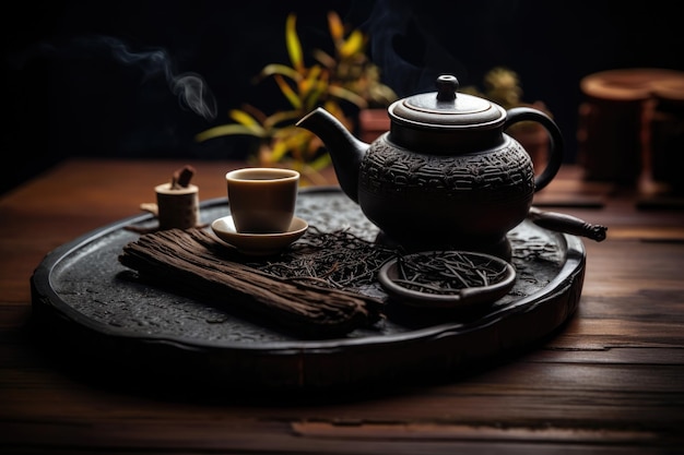 Gun Fu Cha una ceremonia de té china usando utensilios tradicionales para el shu puerh oscuro