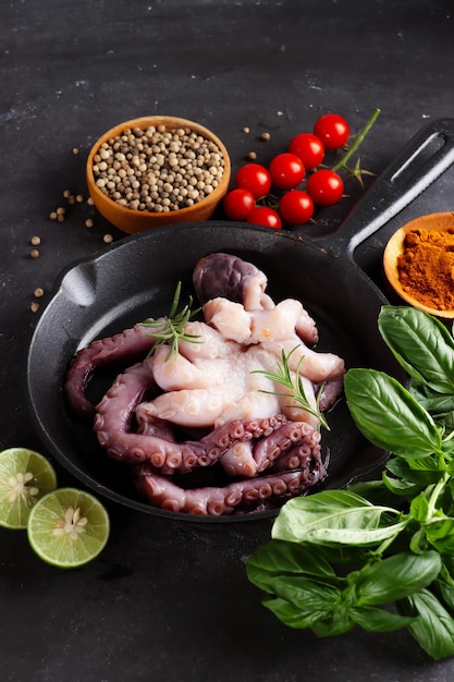 Gurita ou polvo em um prato e ingredientes para cozinhar em um fundo preto