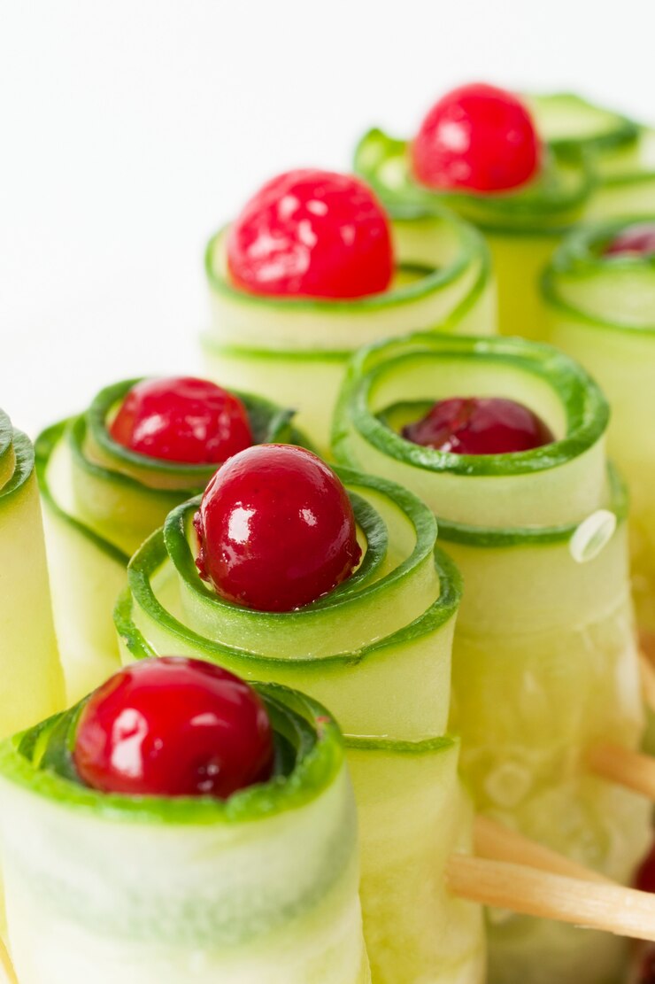 Gurkenröllchen mit gefrorenen Preiselbeeren