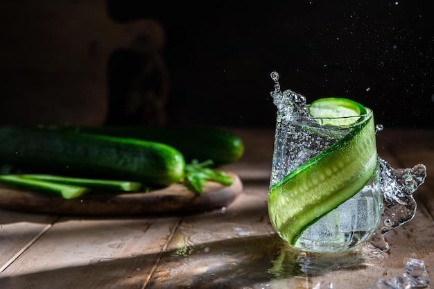 Gurkenweiches Sommergetränk auf dunklem Hintergrund