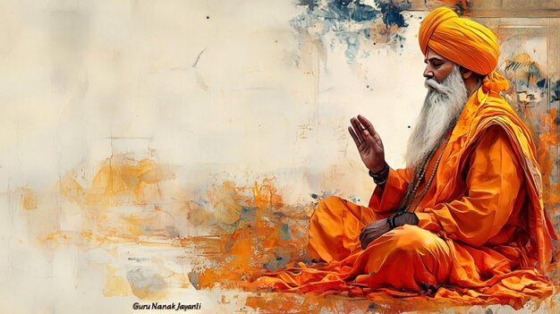Guru Nanak jayanti con el retrato de Guru Nanak con fondo de acuarela amarillo suave