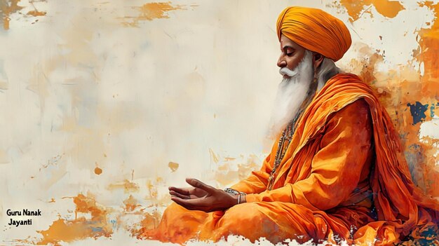 Guru Nanak jayanti con el retrato de Guru Nanak con fondo de acuarela amarillo suave