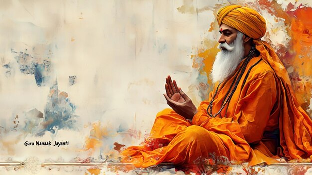 Guru Nanak jayanti con el retrato de Guru Nanak con fondo de acuarela amarillo suave