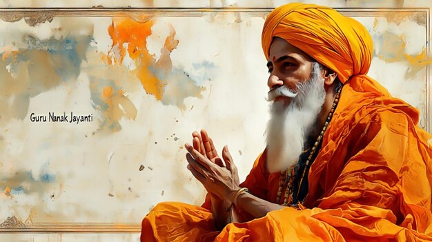 Guru Nanak jayanti con el retrato de Guru Nanak con fondo de acuarela amarillo suave