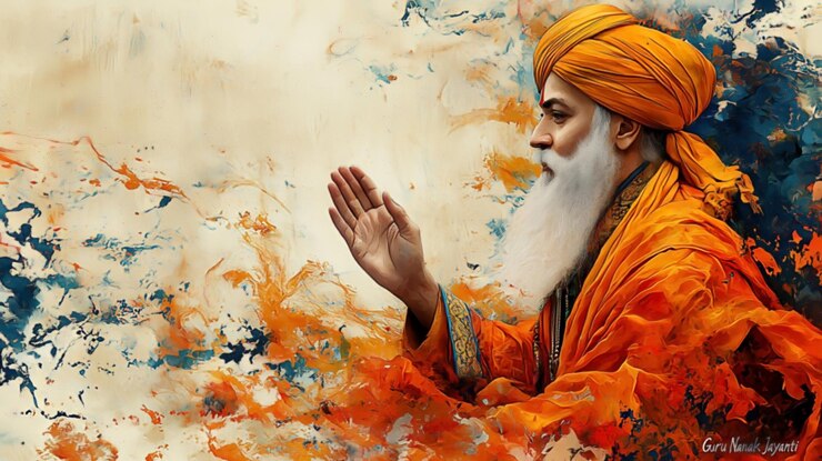 Foto guru nanak jayanti con el retrato de guru nanak con fondo de acuarela amarillo suave