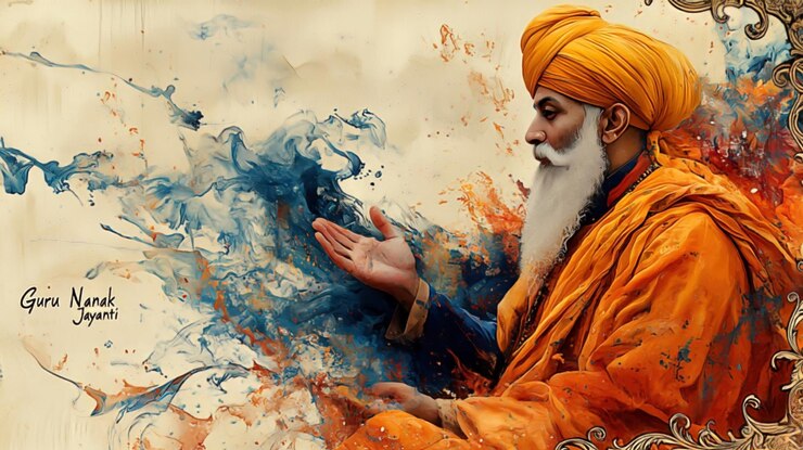 Foto guru nanak jayanti con el retrato de guru nanak con fondo de acuarela amarillo suave