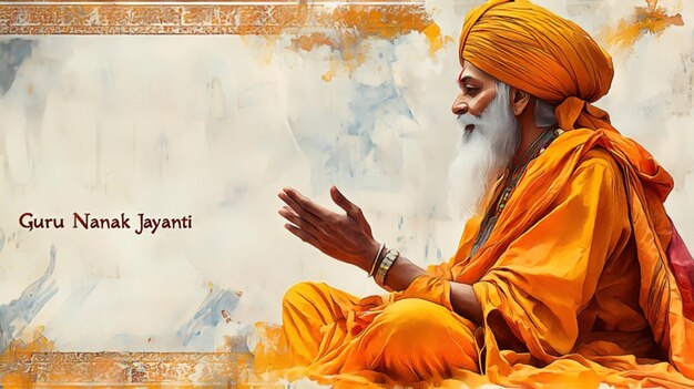 Guru Nanak jayanti con el retrato de Guru Nanak con fondo de acuarela amarillo suave