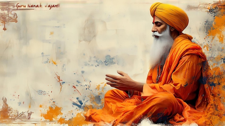 Foto guru nanak jayanti con el retrato de guru nanak con fondo de acuarela amarillo suave