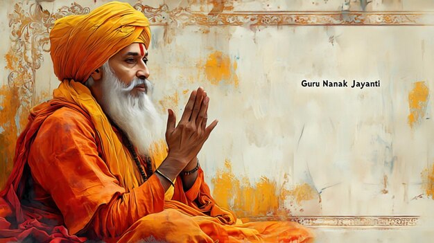 Guru Nanak jayanti con el retrato de Guru Nanak con fondo de acuarela amarillo suave