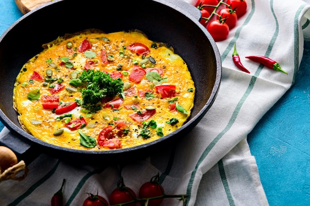 Gusseisenpfanne mit gebratenen Rühreiern mit Kräutern, Kirschtomaten, Kürbiskernen und Chili-Pfeffer auf einem Küchentuch mit Kopie des Raumes