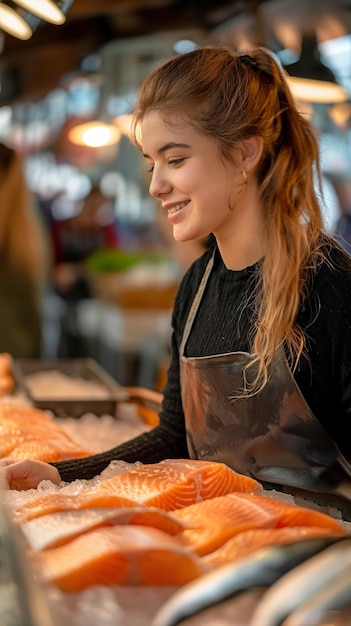 Gut erzogene weibliche Angestellte auf einem Fischmarkt in Schürze, die einem weiblichen Kunden frischen rohen Lachs bedient