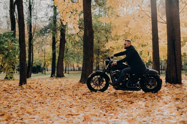 Gutaussehender sorgloser bärtiger Motorradfahrer fährt schnell Motorrad trägt Schattierungen fährt Fahrrad im Park posiert gegen gelbe Bäume und Laub leerer Raum für Ihre Informationen Motortourist im Freien