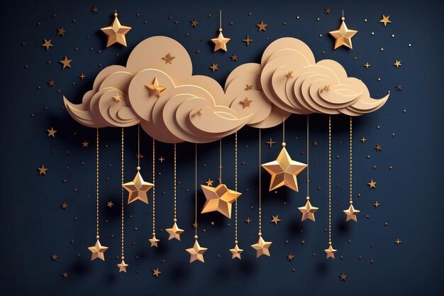 Gute Nacht und süße Träume Banner flauschige Wolken auf dunklem Himmel Hintergrund mit goldenem Mond und hängen