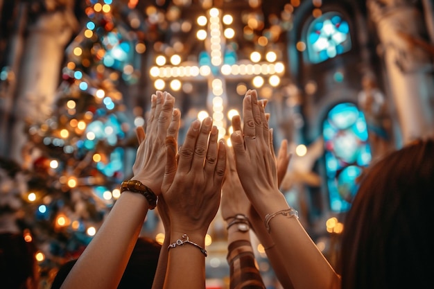 Foto guten freitag ostern beten kreuz kirche jesus christus geistige religiöse sonnenlicht hoffnung glauben christliche hände hoch katholizismus banner kopieren raum grüßkarte bibeln