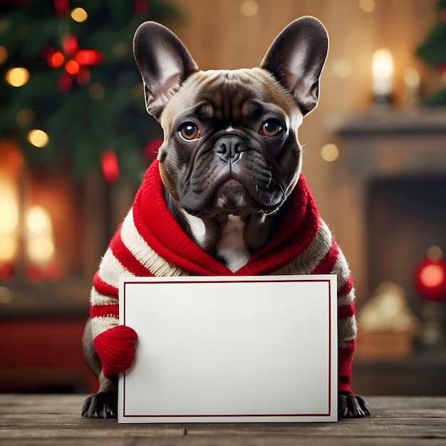 Foto guter hund guter französischer bulldog text logo-mockup dezember weihnachts-mock-up-vorlage