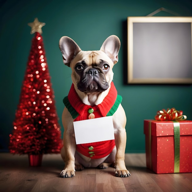 guter Hund guter französischer Bulldog Text Logo-Mockup Dezember Weihnachts-Mock-Up-Vorlage