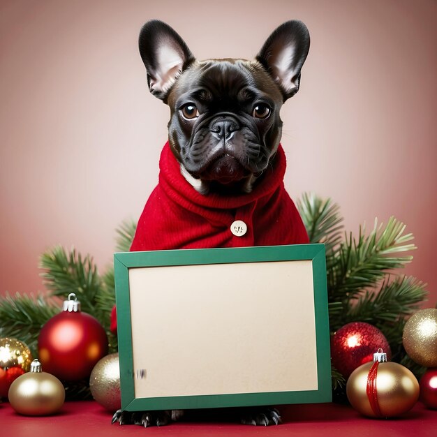 guter Hund guter französischer Bulldog Text Logo-Mockup Dezember Weihnachts-Mock-Up-Vorlage