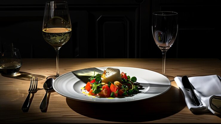 Foto gutes essen mit gourmet-salat und weißwein, gute komposition, beleuchtung