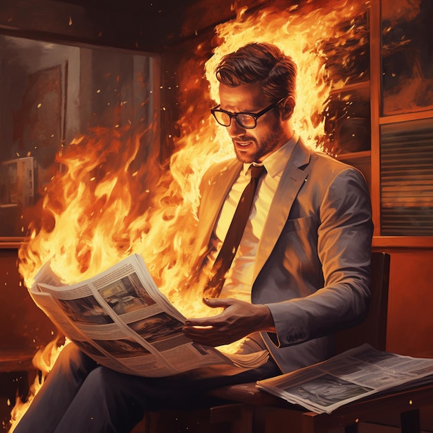 Guy lee un periódico en llamas