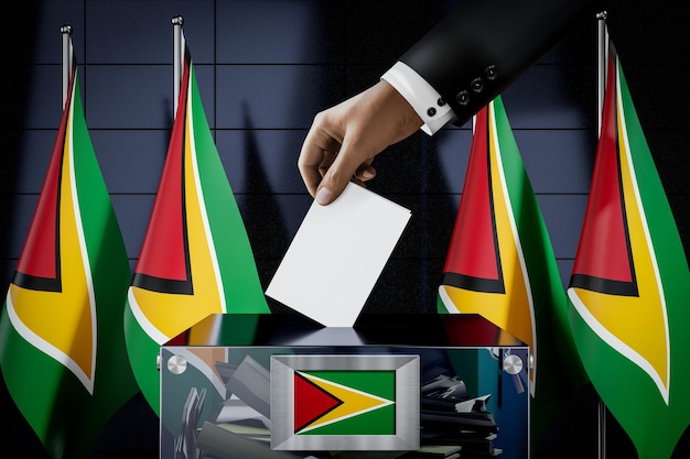 Guyana banderas mano dejando caer la tarjeta de votación en una caja de votación elección concepto 3D ilustración