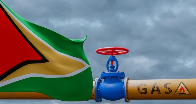 Guyana-Gasventil an der Hauptgasleitung Guyana-Pipeline mit Flagge Guyana-Gasleitungen