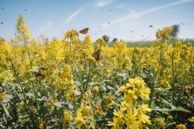 Foto gvo-feld mit schmetterlingen und bienen, die die mit generativer ki erzeugten pflanzen bestäuben