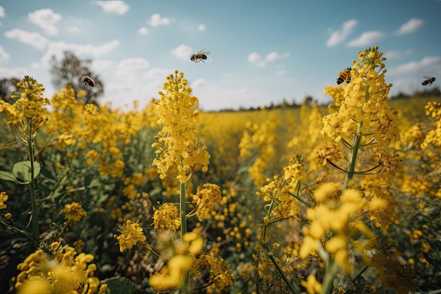 Foto gvo-feld mit schmetterlingen und bienen, die die mit generativer ki erzeugten pflanzen bestäuben