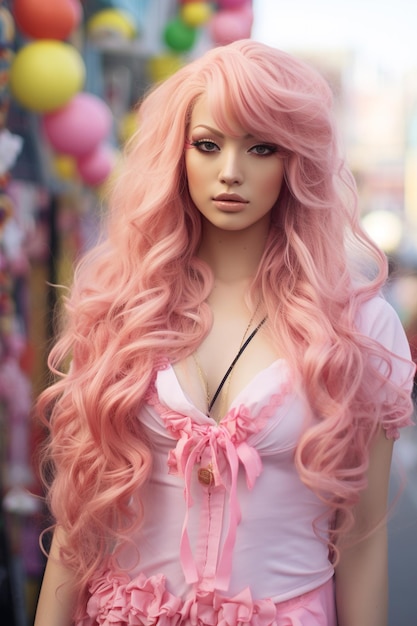 Gyaru japonês com cabelo rosa passeia por uma rua festiva