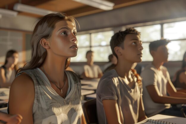 Foto gymnasiasten, die dem lehrer im klassenzimmer zuhören