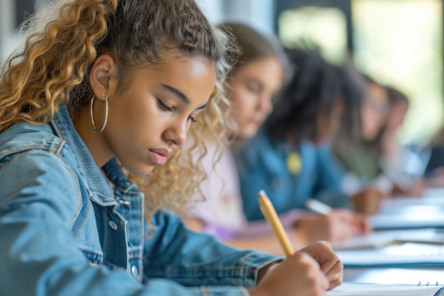 Foto gymnasiasten konzentrieren sich und machen notizen