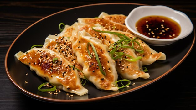 Foto gyoza cubierto de sésamo en un plato