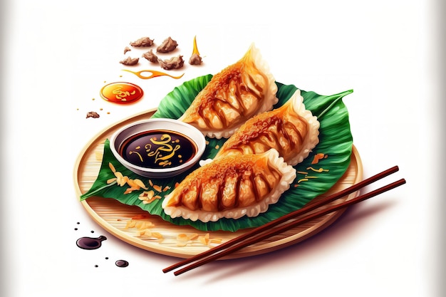 Gyoza Dim Sum Jiaozi oder Momo auf einem Bananenblatt mit würziger Sauce sind Beispiele für orientalisch gebratene Dim Sum mit Hackfleisch-Dimsum mit heißem und knusprigem frittiertem Rindfleisch und Hammel isoliert auf Weiß