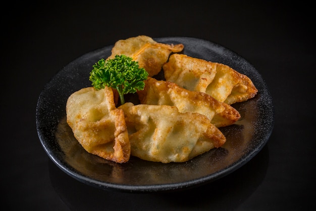 Gyoza japonês em fundo preto