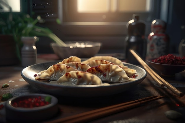 Gyoza no prato e mesa AI gerada