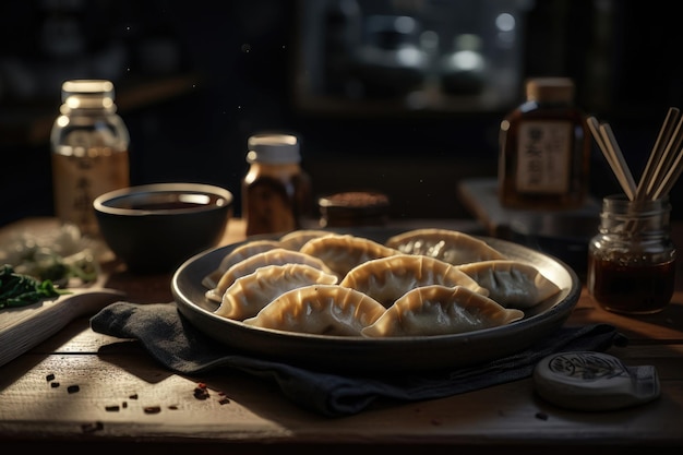 Gyoza en plato y mesa generada por IA