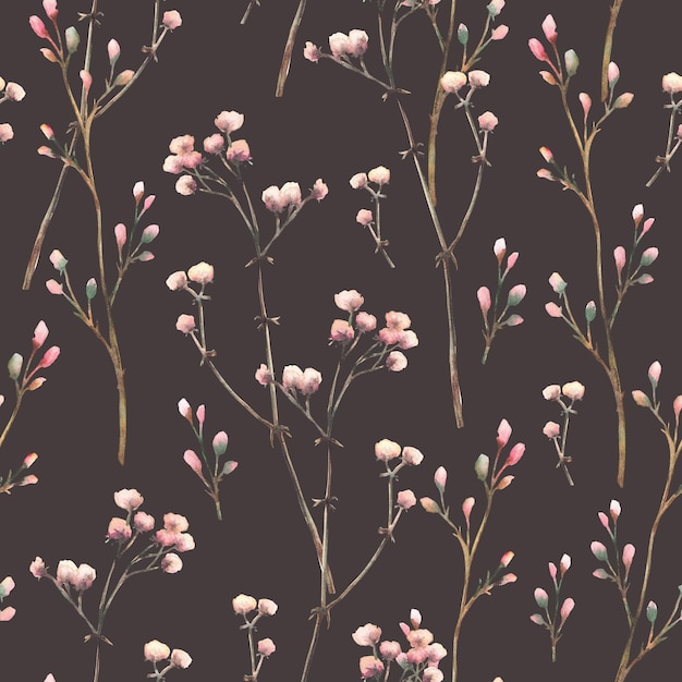 Gypsophila Blüten Zweig Aquarell nahtloses Muster beige rosa pastellfarbene trockene kleine Blüten und