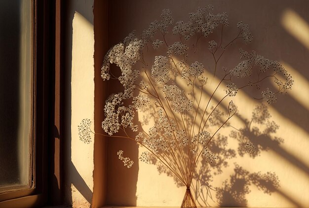 Gypsophila seca em uma parede bege com sombra de janela