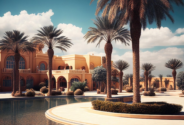 Ägypten Resort Atemberaubende traditionelle Architektur mit Palmen in der Wüste Generative Ai Art Malerische Landschaft mit Hotel