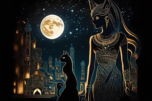 Ägyptische Fantasie abstrakter Hintergrund Ägyptische Göttin Bastet schwarze Katze Neuronales Netzwerk generierte Kunst