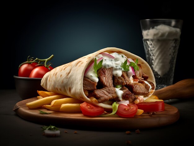 Gyro de carne con salsa Tzatziki tomates y papas fritas Ai Generative